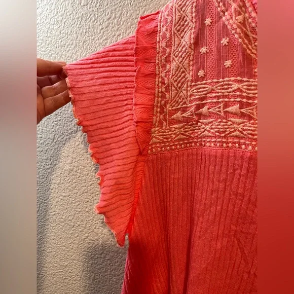 Free People Sarafina Top Boho Cottage Core Embroidered Flutter Crop Pink XL - Picture 7 of 15